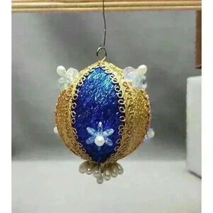 Vintage Push Pin Christmas Ornament Beaded Handmade Blue & Gold 2.5" Ball MCM